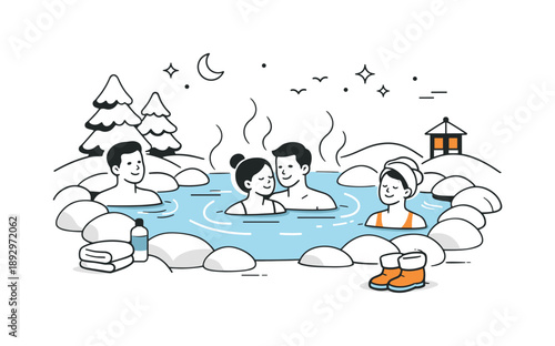 Winter Hot Springs Serenity. People at hot springs winter. Steam rising from warm water with simple cold-weather hints, contrast of warmth and quiet comfort.