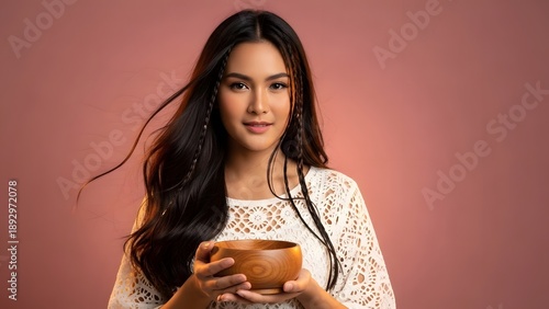 A young woman holding a cup in front of a pink background