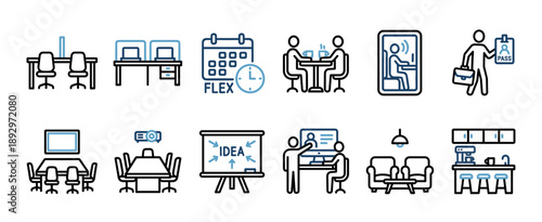 Set of business and corporate life icons illustrating modern workplace concepts like flextime, coworking, brainstorming, and collaboration in a minimalist two-color outline graphic