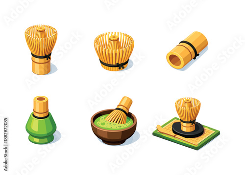Matcha Whisk Icons. Matcha Whisk. Isometric flat vector icons set of Matcha Whisk: bamboo matcha whisk chasen, whisk tines close-up, whisk handle detail, whisk