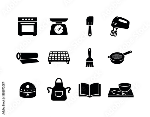 Baking Tools Icons. Baking tools and utensils. Solid icon set of Baking tools and utensils: oven, kitchen scale, silicone spatula, hand mixer, baking paper,