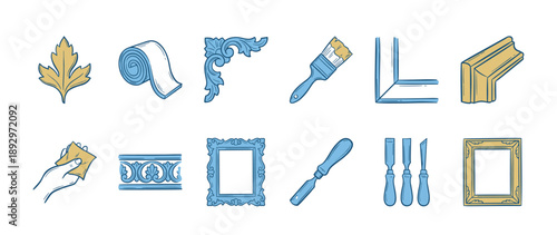 Collection of hand-drawn picture framing icons showing tools and decorative elements for woodworking, including ornate frames, molding, chisels, and a paintbrush in a blue and yellow sketch style