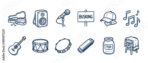 Set of hand-drawn busking icons showing musical instruments and street performance equipment like a guitar, drum, microphone, speaker, and tip jar in a doodle style