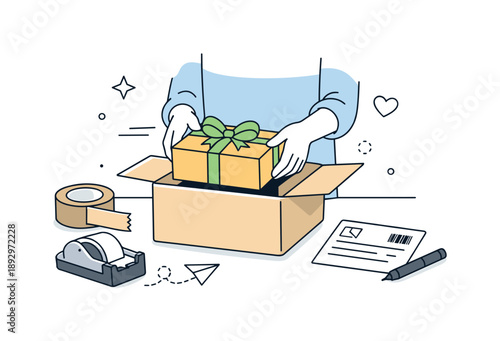 Gift Packaging Process. Sending gifts by mail packaging. Person placing a wrapped present into a shipping box, tape and label nearby. Organized process and