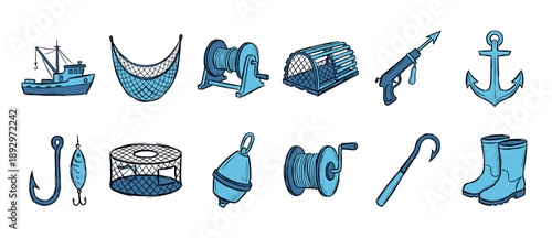 Collection of blue fishing equipment icons including a boat, net, anchor, and boots, illustrated in a charming hand-drawn sketch style for nautical themes