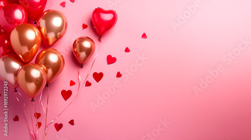 Composición romántica minimalista con globos decorativos dorados y rojos sobre fondo rosa pastel. Estilo elegante y festivo con confeti en forma de corazones y amplio espacio para texto.