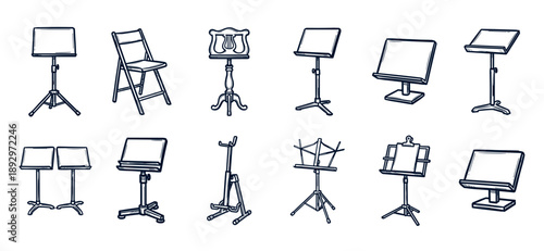 Collection of hand-drawn music stands and a folding chair in various designs, illustrated in a simple black and white sketch style for orchestra or concert concepts