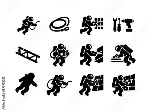 Spacewalk Icon Set. Spacewalk EVA. Solid icon set of Spacewalk EVA: astronaut spacewalk, EVA tether, repair outside station, astronaut tools, handrails