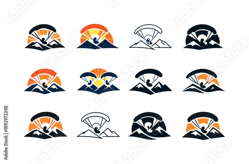 Paragliding Logo Variations. Paragliding in mountains. Icon set. Set Logo of Paragliding in mountains: sunrise behind paraglider. harmonious logo variations of