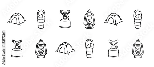 Set of hand-drawn camping equipment icons including a tent, sleeping bag, gas stove, and lantern, illustrated in a simple black and white doodle style for outdoor adventure themes