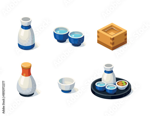 Sake Set Icons. Sake Set. Isometric flat vector icons set of Sake Set: serving sake bottle, paired cups, wooden masu box, elegant flask, small porcelain cup,