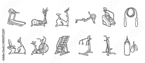 Set of gym and fitness equipment illustrations featuring a treadmill, elliptical, stationary bike, and punching bag in a black and white line art doodle style for workout concepts