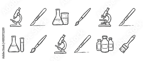 Collection of hand-drawn science and art icons including microscopes, scalpels, beakers, and paintbrushes in a simple black and white doodle style illustration set