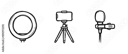 Hand-drawn set of vlogging equipment icons including a ring light, smartphone on a tripod, and a lavalier microphone in a simple black and white doodle style