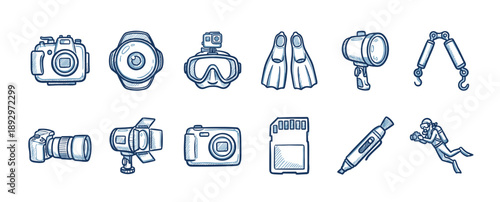 Hand-drawn underwater photography and scuba diving icons set in a blue line art sketch style, featuring a camera in a waterproof housing, fins, mask, flashlight, and a diver
