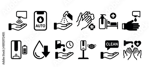 Set of black line icons for hand washing and sanitizing, featuring pictograms of automatic dispensers, soap, water, and health safety in a clean, minimalist vector style