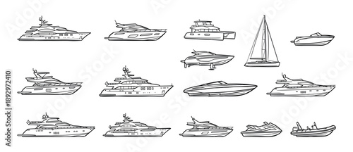 Collection of various luxury yacht illustrations in a minimalist line art style, featuring different types of boats like speedboats, sailboats, and catamarans for maritime concepts