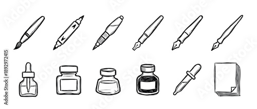 Hand drawn writing and art supply icons featuring various pens, ink bottles, a paintbrush, and paper in a simple black and white doodle illustration set for creative concepts