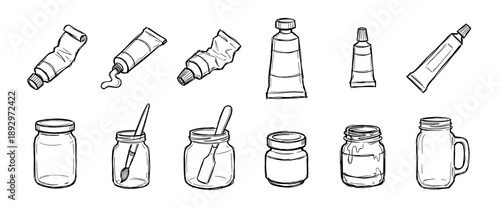 Hand-drawn black and white art supply illustrations featuring various paint tubes, glass jars, brushes, and palette knives in a simple sketch doodle style