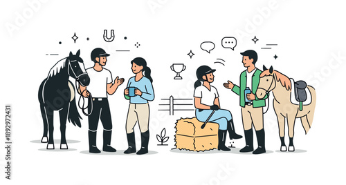 Equestrian Club Gathering. Equestrian club life. A friendly scene with riders chatting near their horses, sharing a calm social moment. The illustration