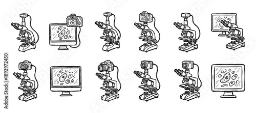 Set of hand-drawn microscope illustrations with cameras and monitors showing cells, created in a black and white doodle style for scientific and educational concepts