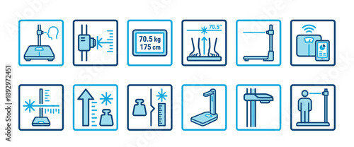 Set of blue line icons depicting medical scales and height measurement devices for body mass index and health diagnostics, presented as a collection of simple pictograms for infographics
