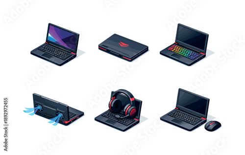 Isometric Gaming Laptop Icons. Gaming laptop. Isometric flat vector icons set of gaming laptop: gaming laptop open, gaming laptop closed, gaming laptop with