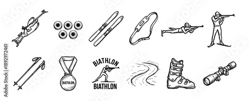 Set of hand-drawn biathlon sport icons featuring a rifle, skis, targets, athlete silhouettes, medal, and other winter competition equipment in a black and white sketch style