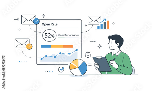 Email Marketing Insights. Email marketing analytics. Marketer analyzing open rates and charts connected to email icons, calm data-driven decision making. Clean