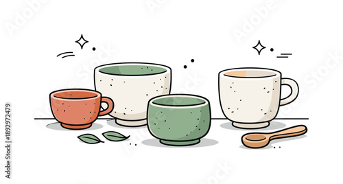 Stoneware Tea Cups. Stoneware tea cups. A set of handmade stoneware tea cups arranged calmly on a table, subtle texture and natural imperfections creating a