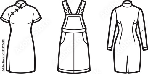 Assortment of dress and overall designs in outline, highlighting fashion variety