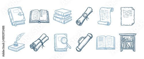 Collection of hand drawn sketch icons featuring antique books, parchment scrolls, a quill pen, and a library bookshelf, rendered in a vintage blue and black line art style