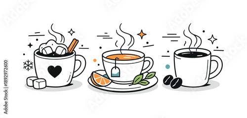 Cozy Winter Beverages. Winter beverages scene. Hot chocolate, tea, and coffee cups with steam rising gently. Cozy seasonal drink concept with abstract motion