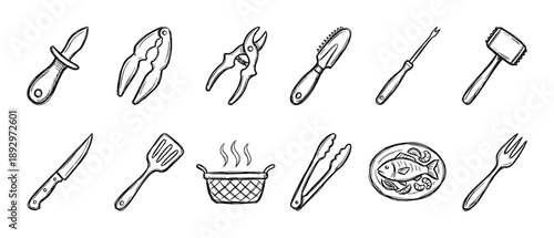 Hand-drawn set of seafood cooking tools and kitchen utensils in a black and white sketch style, including an oyster knife, crab cracker, fish scaler, tongs, and a plated dish