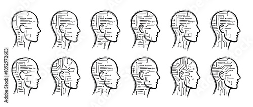 Multiple hand-drawn human head silhouettes with internal circuit board patterns symbolizing artificial intelligence, machine learning, and futuristic technological concepts