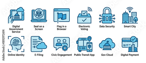 Digital government services icon set showing electronic voting, online identity, data security, and smart city concepts in a clean, modern blue line art style for civic technology