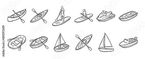 Collection of hand-drawn watercraft icons featuring various boats like a canoe, kayak, sailboat, and jet ski in a simple black and white line art sketch style for recreation