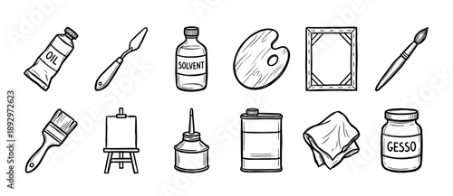 Collection of hand-drawn artist tools for oil painting including a canvas, easel, brushes, palette knife, and paints in a black and white doodle sketch illustration style