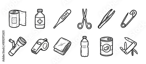 Collection of hand-drawn emergency survival kit icons including a flashlight, bandage, and multi-tool in a black and white doodle style illustration set for preparedness