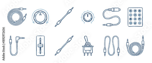 Blue sketch icons of modular synthesizer components, featuring various audio patch cables, potentiometers, a fader, and a switch, depicted in a simple hand-drawn doodle illustration style
