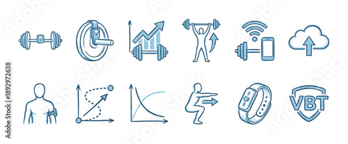 Hand-drawn velocity-based training icon set showing fitness technology, gym equipment, sensors, and data tracking for athletic performance analysis in a blue sketch style