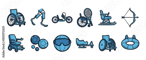 Collection of blue adaptive sports equipment icons for people with disabilities, including wheelchairs, prosthetics, and sleds in a hand-drawn illustrative style