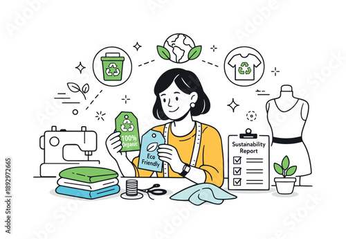 Eco-Friendly Fashion Design. Innovations in textile recycling. A fashion designer working with eco-friendly fabrics while checking sustainability labels. The
