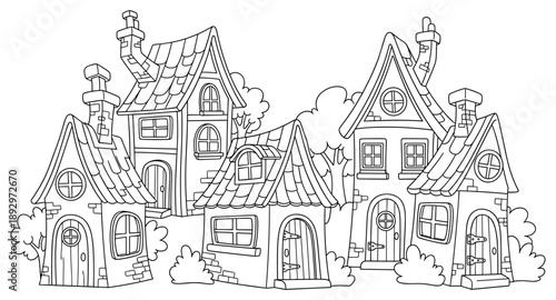 Charming black and white illustration of a whimsical village with storybook houses