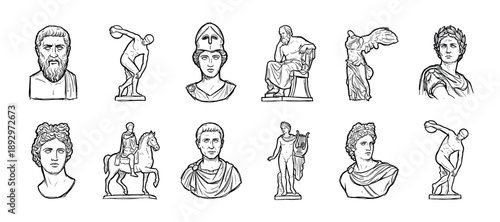 Collection of hand-drawn ancient statues and busts in a minimalist line art style, featuring classical Greek and Roman figures like philosophers, gods, and athletes