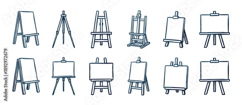 Collection of hand-drawn wooden artist easels in various styles, including tripod and H-frame, presented as a doodle sketch illustration set for creative art supplies