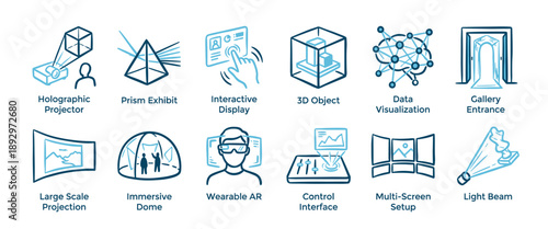Set of twelve blue line art icons illustrating concepts for modern exhibitions and immersive experiences, including virtual reality, data visualization, and interactive displays