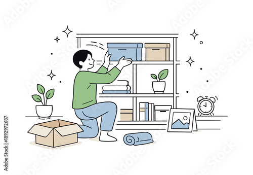 Decluttered Serenity. Decluttering lifestyle scene. Minimal interior with a person placing the last item into storage, calm and satisfying moment. Sense of