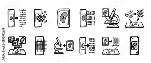 Hand-drawn scientific research icon set showing a workflow from microscope and cell analysis to digital imaging, binary code, and data processing in a sketch style