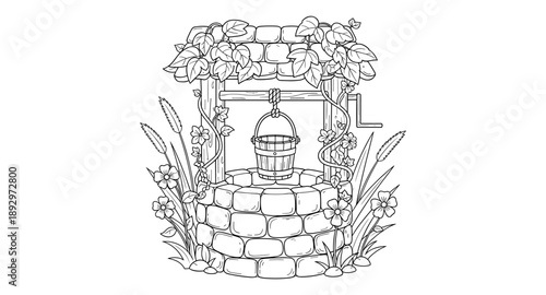 Charming vintage well with bucket and surrounding floral elements, line art illustration